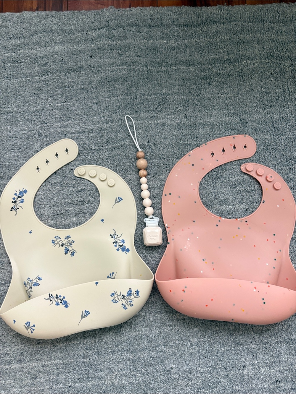 Adjustable Silicone Baby Bibs - Cream Floral & Pink Confetti (2-Pack)